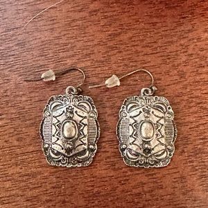 Rectangular silver earrings with etched pattern
